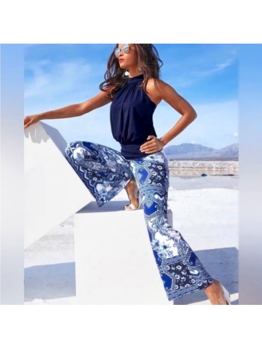 Boston Proper Blue Paisley Patchwork Wide-Leg Pants Size XL - Picture 2 of 8